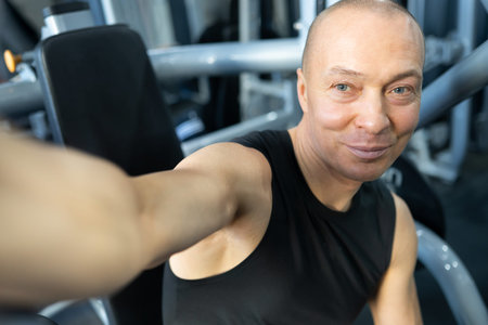 Man taking selfie after workout in fitness club