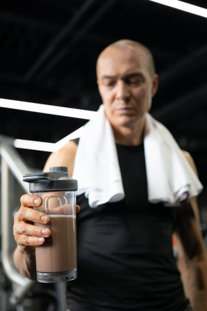Man holding protein shaker bottle close up in gymの写真素材