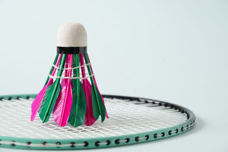 Colorful feather shuttlecock on mint racket