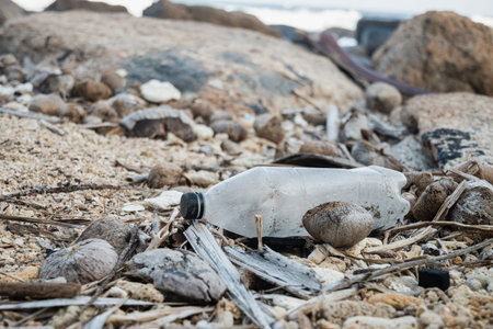 Discarded plastic bottle lying on sandy tropical beach among debris. Environmental pollution and...