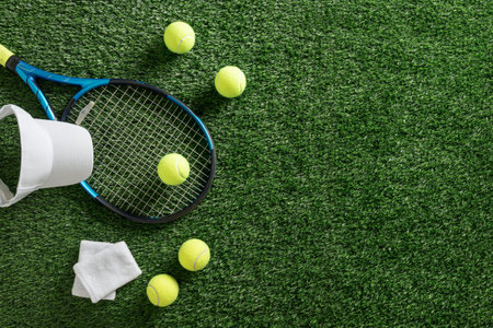 Tennis racket, yellow balls, white sports cap and wristbands arranged on green grass, top view with generous copy space for sport concept.