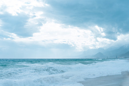 Storm Mediterranean Sea blue sea with clouds and high wavesの写真素材