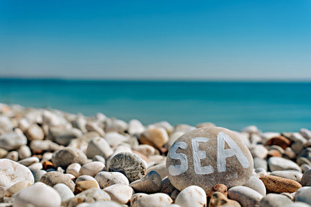 stones on the beach with a blue sea and the inscription seaの写真素材