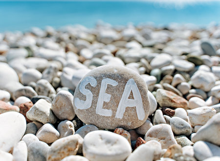 stones on the beach with a blue sea and the inscription seaの写真素材