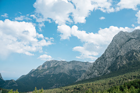 mountains with forest and blue sky and white cloudsの写真素材