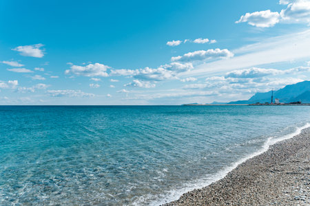 Beautiful view blue sea and sky with white clouds on the backgroundの写真素材