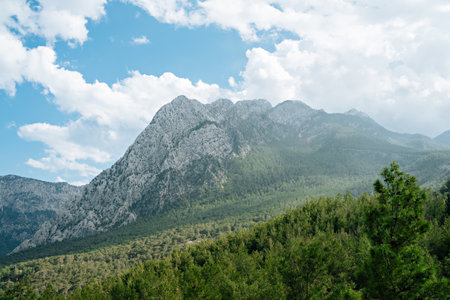 mountains with forest and blue sky and white cloudsの写真素材