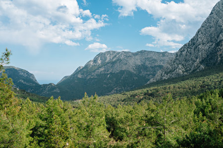 Beautiful view of the mountains and blue sky with clouds and green treesの写真素材