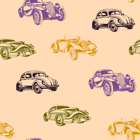 Hand drawn doodle cartoon cars seamless pattern. Transport sketch.のイラスト素材