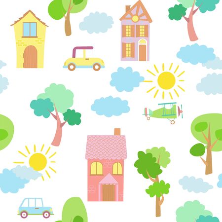 Seamless vector pattern of children's drawing. House, clouds, trees. Line vector drawing. Drawn by a child. Suitable for children's room decoration, fabric, decor. Doodle style.のイラスト素材