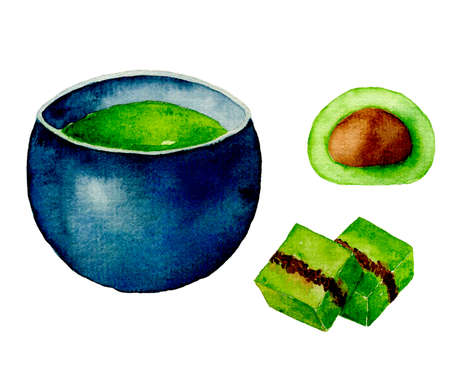 matcha latte and mochi candy. Green tea latte. Watercolor painting on white backgroundの写真素材