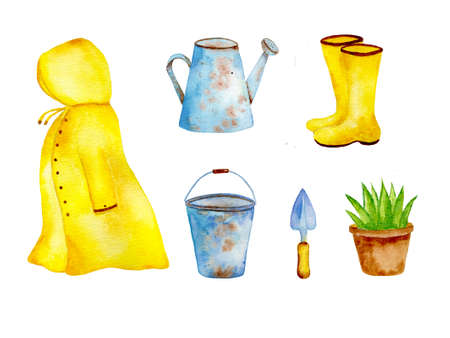 Watercolor garden tools set, coat, rubber rain boots, watering can, flower in potの写真素材