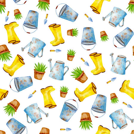 Watercolor seamless pattern with watering can, plant, garden boots, bucket isolated on white backgroundの写真素材