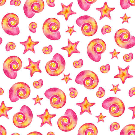 Seamless watercolor sea shells pattern. Hand drawn shells on white background.の写真素材