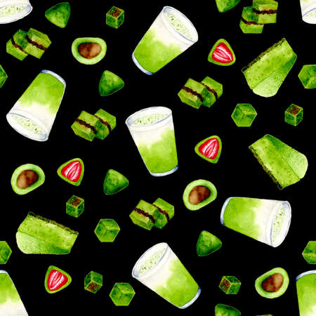 Matcha tea watercolor seamless pattern on blackの写真素材