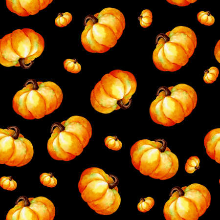 Watercolor seamless pattern with pumpkin. Autumn illustration of vegetables. For wrapping paper, wallpaper, background, fabric print.の写真素材