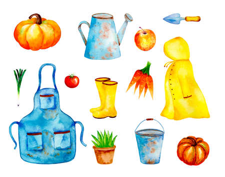 Watercolor garden tools and vegetables set, hand drawn illustration isolated on white background. For garden party invitations, print, greeting cards, wrapping paper, stickers.の写真素材