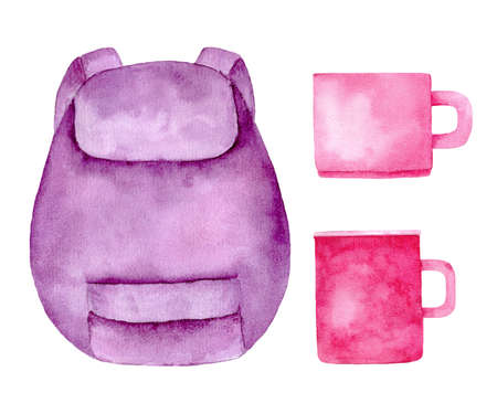 Watercolor illustration of a backpack and cups isolated on white background. For print, greeting cards, wrapping paper, stickers.の写真素材