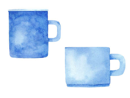 Set of blue watercolor cups isolated on a white background. Hand drawn illustration.の写真素材