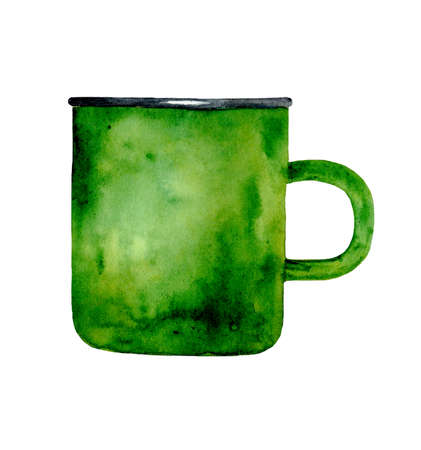 Green metal mug isolated on white. Hand drawn watercolor illustration. Icon, element for menu design, recipe book, banner, label, poster, decor.の写真素材