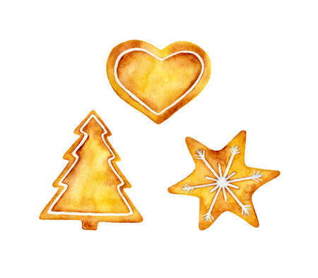 Set of cookies isolated on white background. Hand drawn watercolor illustration for Christmas. New Year's decor, packaging, textile design.の写真素材