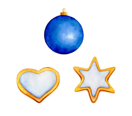 Set of cookies and ball isolated on white background. Hand drawn watercolor illustration for Christmas. New Year's decor, packaging, textile design.の写真素材