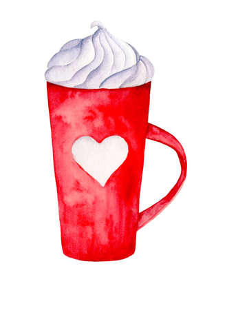 Red cup isolated on white. Hand drawn watercolor illustration. Icon, element for menu design, recipe book, banner, label, poster, decor.の写真素材