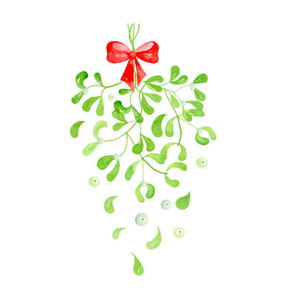 Watercolor green Mistletoe with Berries and Red Bow isolated on White Background. Hand painted winter Merry Christmas and Happy New Year illustration. Botanical clip art for design or print, party invitations, greeting card, wrapping paper, blogs, postsの写真素材