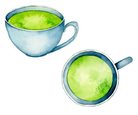 Matcha Latte Milk Green Tea Watercolor isolated on White Background. Hand drawn illustration. For design, print, greeting card, wrapping paper, blogs, posts, menu, recipe, label, packaging design.の写真素材