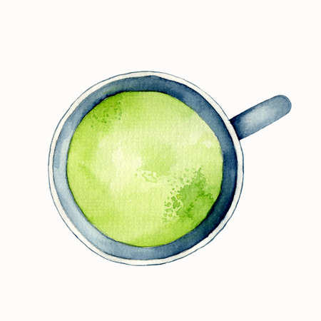 Matcha Latte Milk Green Tea Watercolor isolated on White Background. Hand drawn illustration. For design, print, greeting card, wrapping paper, blogs, posts, menu, recipe, label, packaging design.の写真素材