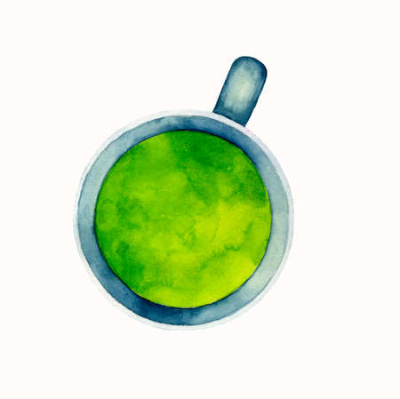 Matcha Latte Milk Green Tea Watercolor isolated on White Background. Hand drawn illustration. For design, print, party invitations, greeting card, wrapping paper, blogs, posts, menu, recipe, label, packaging design.の写真素材