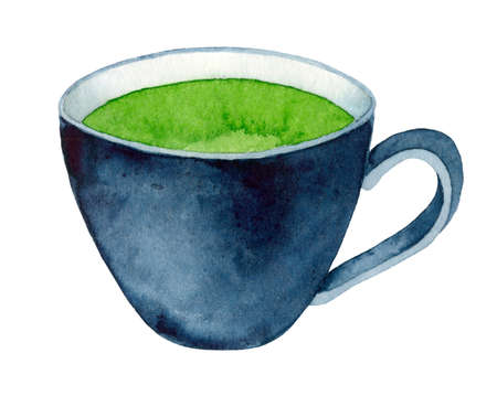 Matcha Latte Milk Green Tea Watercolor isolated on White Background. Hand drawn illustration. For design, print, greeting card, wrapping paper, blogs, posts, menu, recipe, label, packaging design.の写真素材