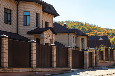 Saratov, Russia - 07/10/2018: View of several new built cottages in Russia. Purchase, rent, sale of housing, mortgage.のeditorial素材