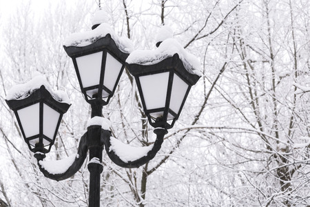 Winter snow cityscape. Vintage lantern in retro style on a background of snowy trees in cloudy weatherの写真素材