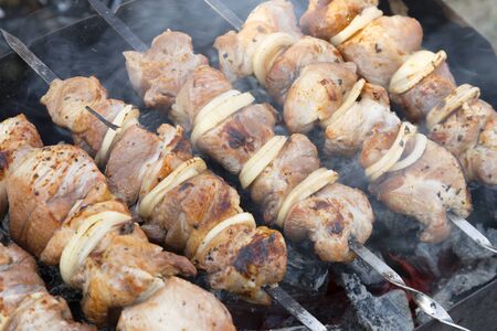 Food on the fire, picnic. Cooking grilled fragrant tasty hot barbecue shashlik on coals on the grill of pickled meat of pork, lamb and beef with onions on skewersの写真素材