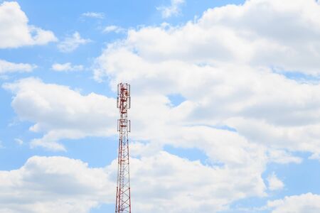 Industrial background. Aerial of cellular mobile phone, tv, internet and radio tower against the...