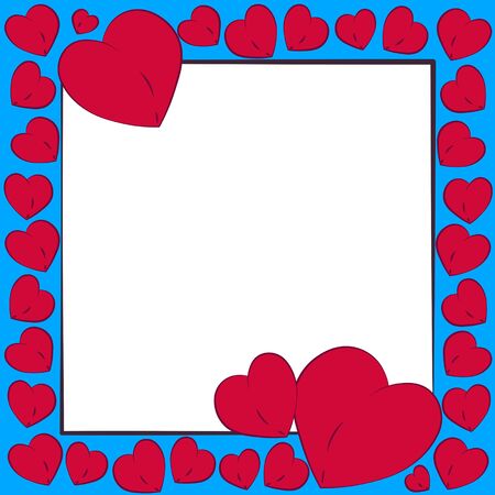 Postcard Valentine's Day. Red bright repeating hearts in a square frame on a white and blue background with a copy space for the cover of a congratulation, message, holiday giftのイラスト素材