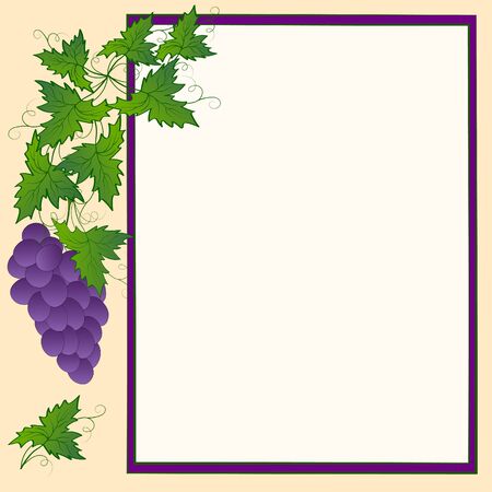 Abstract summer natural floral wine background with leaves of a bunch of grapes, green foliage with frame template for text with copy space on a beige background, empty blank, page layout designのイラスト素材
