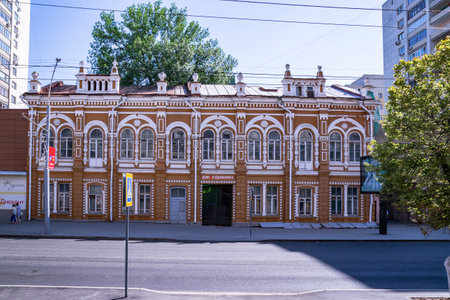 Saratov, Russia - 06/21/2019: Sights of the city and monuments of the region, historical architecture, facade of the old building Artist's House, 19th-century mansion on 125 Moskovskaya Streetのeditorial素材