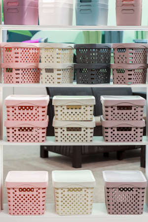 Organization of home space, storage and coziness, a lot of plastic household goods, new clean...
