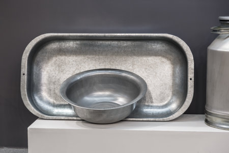 Aluminum household goods and tools for the home, bathtub, trough, basin, flask, milk can, retro style metal objectsの写真素材