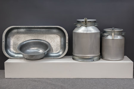 Aluminum household goods and tools for the home, bathtub, trough, basin, flask, milk can, retro style metal objectsの写真素材