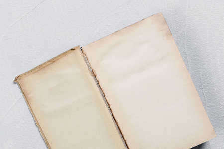 Page of open old shabby yellowed book with blank sheets of vintage paper.の写真素材