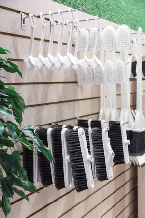 Household goods cleaning equipment. Various brushes for sweeping the floor and washing the shop...