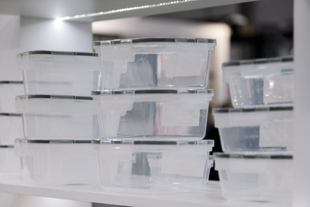 Household goods storage equipment. Various containers for food and for freezing in the shop window for sale. Industrial background with plastic products.の写真素材