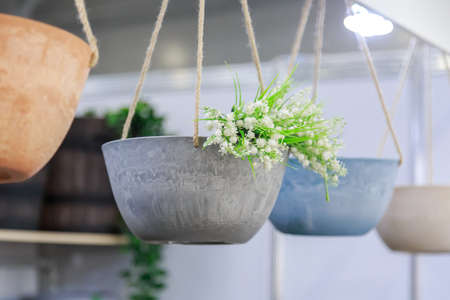Hanging planter for flowers. Interior design element and garden decor made of natural materials concrete and clay in trendy colors in a modern loft style.の写真素材