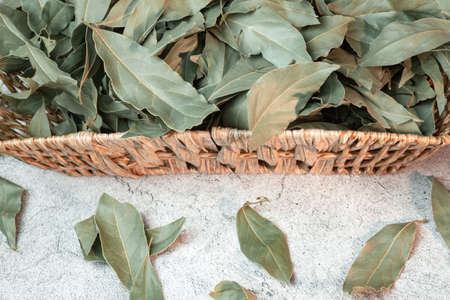 Food background. Bay leaf, natural antiseptic, antioxidant, acne remedy, macronutrients for skin and hair. Herbal medicine. Mediterranean spice.の写真素材