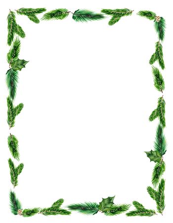 Christmas frame with green fir branches on white background with space for text. Watercolor illustration for design of postcards, invitations or posters.の写真素材