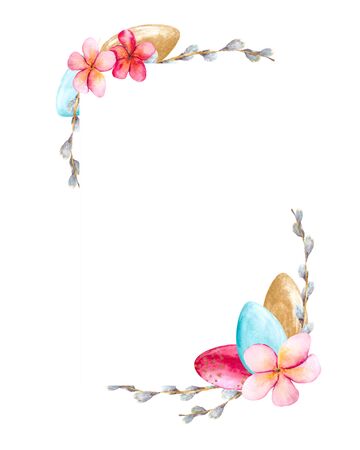 Easter frame with willow branches, colored eggs and tropical flowers with space for text on a white background. Watercolor illustration for the design of holiday cards and greetings.の写真素材