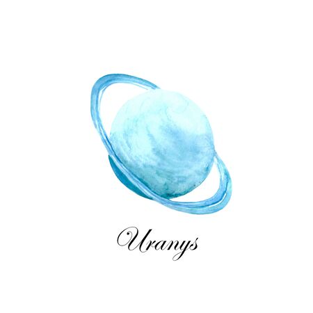 Watercolor illustration of the planet Uranus on a white background. Colorful drawing for space illustrations on the theme of astronomy.の写真素材